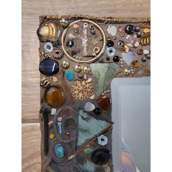 Mixed Media Steampink Mirror Wall Art, Coins, Beads, Pottery Copper Nailed Trim - Picture 2 of 10